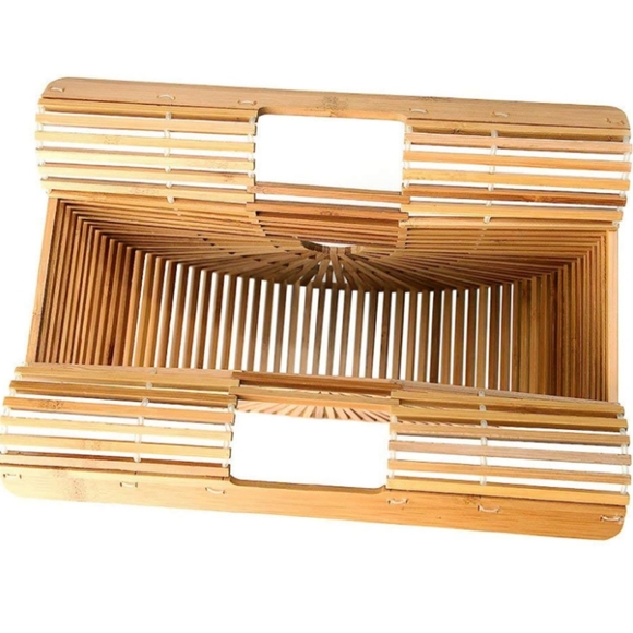 Bamboo Pool Tote Beach Bag Tan Brown Woven Wood Wicker Hippie Purse Bohemian - Picture 7 of 10